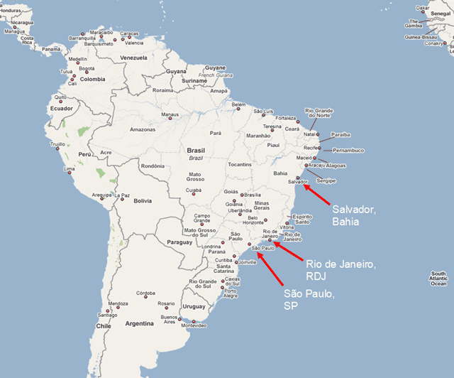 Brazil - map showing São Paulo, Rio de Janeiro, Salvador