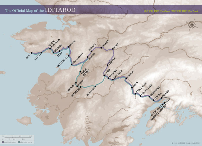 Iditarod Map, 2016 will take Northern Route (purple). Click to enbiggen!